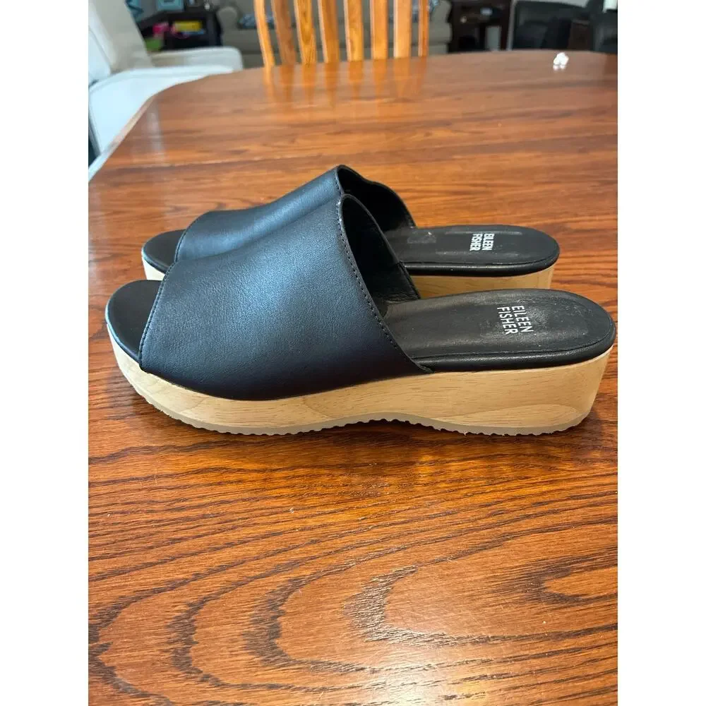 Eileen Fisher Novel Slides Black Leather Wedge Sandal Women's Size 8.5